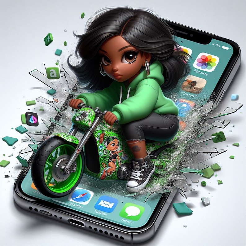 May include: A digital illustration of a cartoon character riding a green motorcycle emerging from a smartphone screen. The character wears a green hoodie, black trousers, and black and white trainers. The motorcycle has a green and white design.