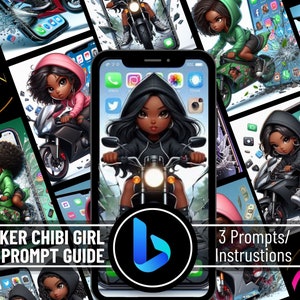 May include: A digital art collage featuring multiple smartphone screens with chibi-style biker girls on motorcycles. The central phone displays a girl in a black hoodie on a motorcycle. The image includes the text "BIKER CHIBI GIRL PROMPT GUIDE" and "3 Prompts/Instructions".