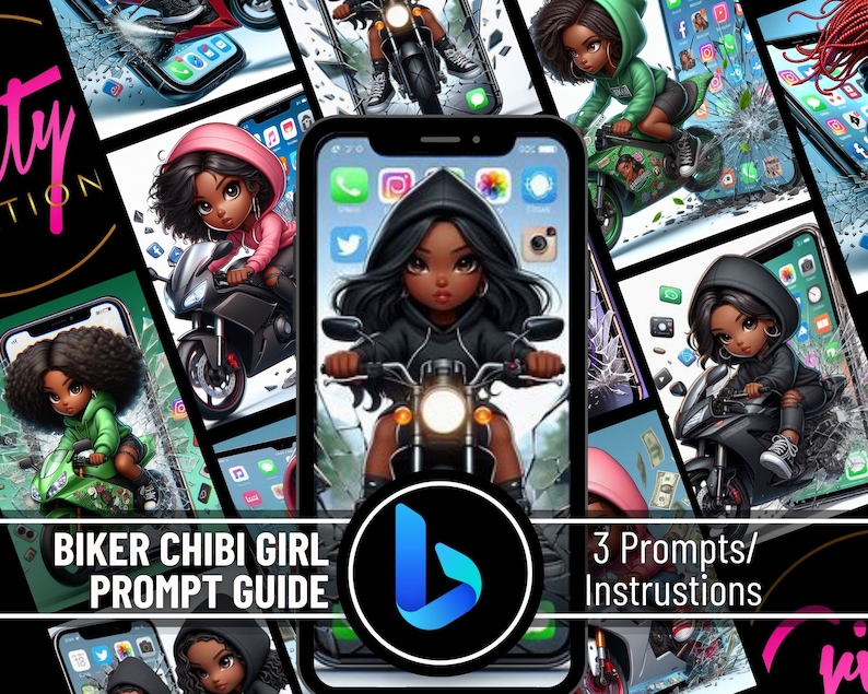 May include: A digital art collage featuring multiple smartphone screens with chibi-style biker girls on motorcycles. The central phone displays a girl in a black hoodie on a motorcycle. The image includes the text "BIKER CHIBI GIRL PROMPT GUIDE" and "3 Prompts/Instructions".
