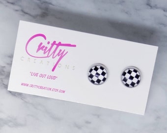 Checkerd 12mm resin cabochons earrings