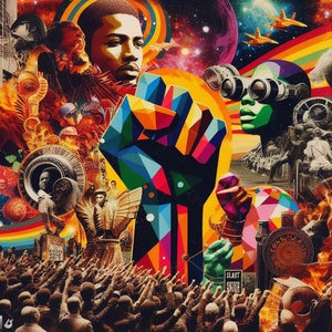 May include: A colorful abstract collage featuring a raised fist, a crowd of people, and a space scene with stars and planets. The collage is set against a background of orange, yellow, and red.