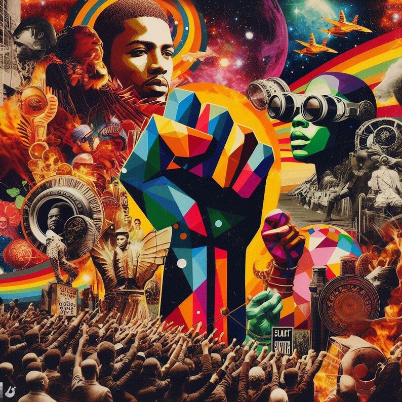 May include: A colorful abstract collage featuring a raised fist, a crowd of people, and a space scene with stars and planets. The collage is set against a background of orange, yellow, and red.