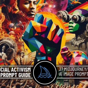 May include: A colorful, abstract collage with a raised fist in the center. The collage includes images of people, a spaceship, and a rainbow. The text "Social Activism Prompt Guide" and "27 Midjourney/Bing AI Image Prompts" is at the bottom of the image.