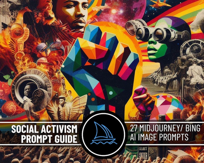 May include: A colorful, abstract collage with a raised fist in the center. The collage includes images of people, a spaceship, and a rainbow. The text "Social Activism Prompt Guide" and "27 Midjourney/Bing AI Image Prompts" is at the bottom of the image.