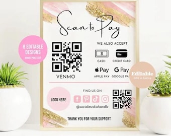 Editable Watercolor Pink Gold Glitter QR Payment Sign | Small Business Template