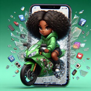 May include: An illustration of a person on a green motorbike bursting from a smartphone screen. The person wears a green hoodie and black shorts. Social media icons and broken glass surround the phone against a green backdrop.