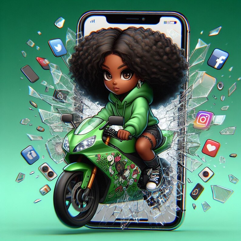 May include: An illustration of a person on a green motorbike bursting from a smartphone screen. The person wears a green hoodie and black shorts. Social media icons and broken glass surround the phone against a green backdrop.