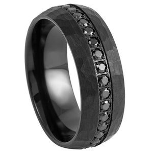 8mm Black Tungsten - Black Diamond - Wedding Band - Diamond Ring - Wedding Ring - Black Rounded Hammered FInish