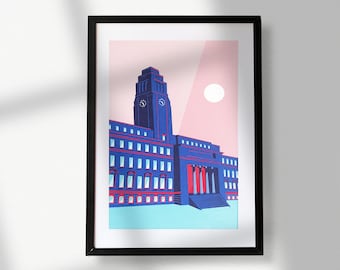 May include: A framed illustration of a blue building with a clock tower against a pink background. The building has a red roof and white windows. The illustration is in a black frame.
