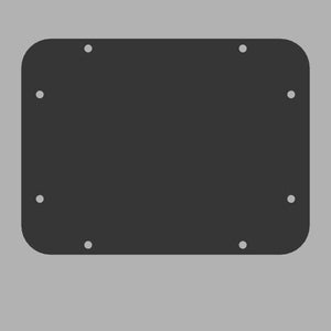 May include: A black rectangular metal plate with rounded corners and eight evenly spaced holes.
