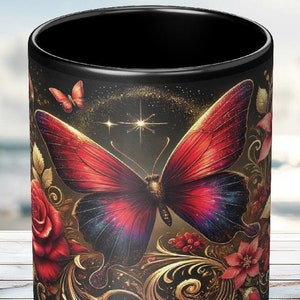 Enchanting Butterfly Mug: Crimson Wings & Gold Stars