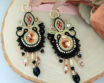 Large black and gold chandeliers earrings, black soutache embroidery earrings, bohemian evening earrings, gold flowers earrings,