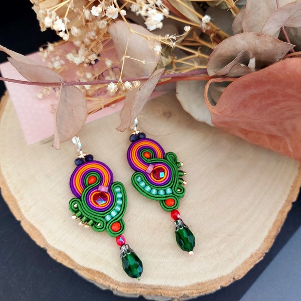 Colorful summer teardrops earrings, green and purple soutache dangle earrings, birthday gift for her, birthday present for wife