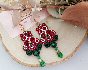 Burgund und grüne Hochzeit Ohrringe, rote Kristalle Brautjungfer Kronleuchter, rote Boho Soutache Ohrringe, Boho Ohrringe pendientes,