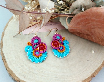 Bunte Ohrringe, Fuchsie und Türkis, soutache Ohrringe, Geburtstagsgeschenk für Sie, Geburtstagsgeschenk für Frau,