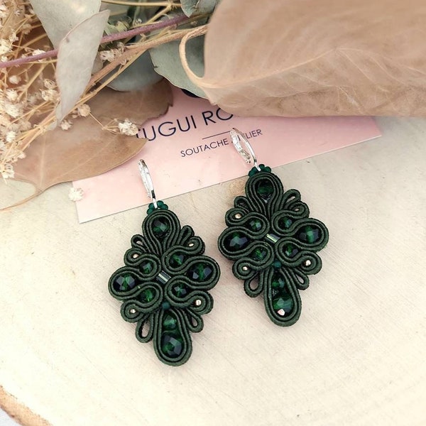 Dark green soutache earrings, sister birthday gift earrings, green crystals beaded earrings, olive fabric jewelry, small dangle earrings