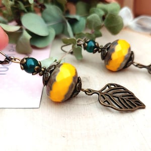 Boho Brass Leaf Earrings: Czech Glass Beaded Dangle Drops
