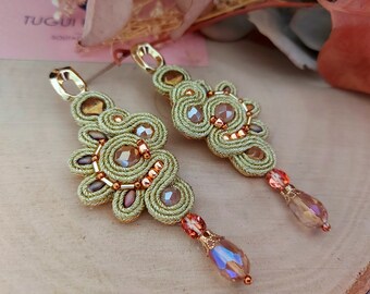Elegant gold crystals earrings, gold bohemian earrings with gold soutache, birthday gift for her, party teardrop chandelier,