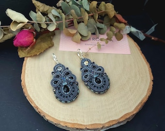 Dark Grey Soutache Earrings: Crystal Beaded Dangle Earrings