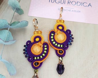 Handcrafted Soutache Dangle Earrings: Purple Yellow Abstract Beadwork