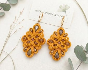 Orange Soutache Floral Drop Earrings, Boho Artisan Statement Jewelry
