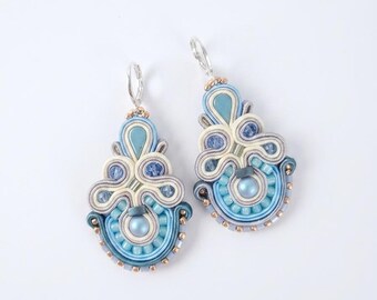 Soutache Dangle Earrings, Pastel Blue Beaded Drop Earrings, Artisan Boho Jewelry