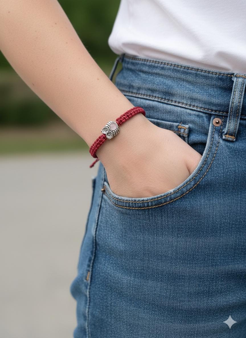 Handmade red Macrame Owl Bracelet &ndash; Adjustable Boho Cord Wristband with Owl Charm &ndash; Wisd