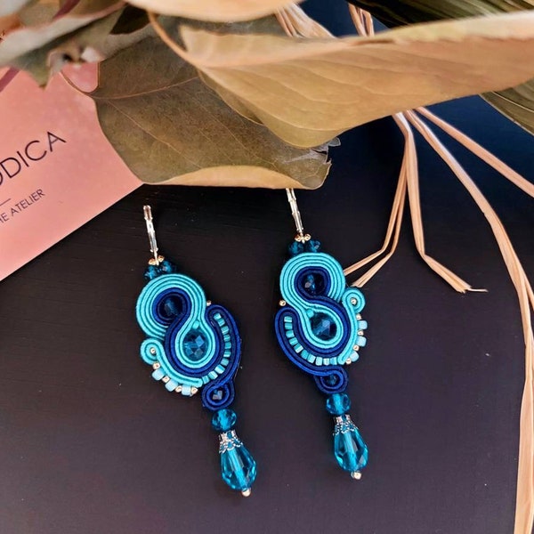 Blue crystals dangle earrings, blue soutache earrings, turquoise beaded jewelry, christmas present for sister,  blue Ohrringe soutache