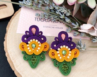Orchid flowers earrings, orange soutache dangle earrings, birthday gift for her, Christmas present