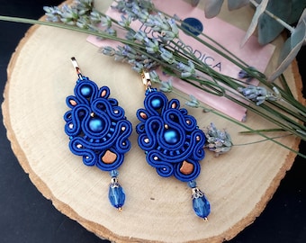 Electric Blue Soutache Flower Earrings: Pearl Dangle Earrings for bridesmaids