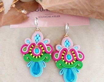 Colorful orchid flowers earrings • floral bohemian earrings• fabric  soutache earrings• summer earrings • sister birthday present