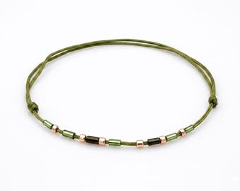 Green Miyuki Bugle Bead Bracelet, Adjustable Cord Anklet, Boho Stackable Jewelry