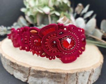 Burgundy Statement Bracelet: large Soutache Embroidery Cuff, Red Bohemian Jewelry