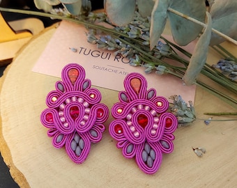 Fuchsia flower Statement Earrings: Boho Beaded Soutache Jewelry