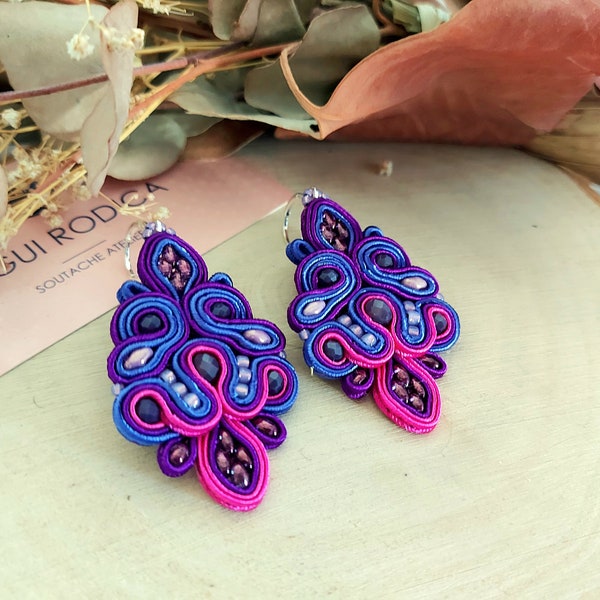 Purple orchid flowers earrings, floral boho earrings, boucles d'oreilles soutache , anniversary gift for her, sister birthday present