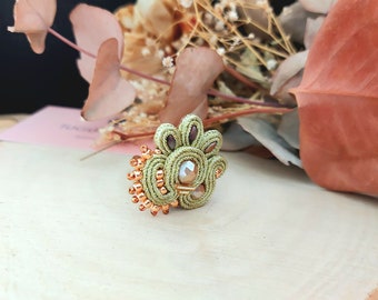 Gold beaded ring with gold soutache, gold crystals ring, unique handmade ring