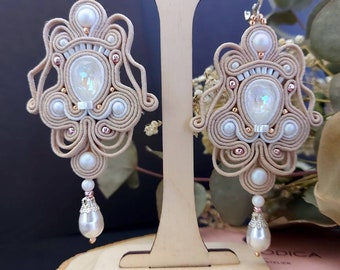 Large bridal earrings • bridal pearls chandeliers earrings • big beige soutache earrings• bohemian bridal earrings
