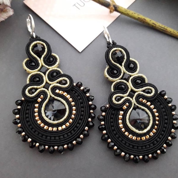 Big gold and black sparkle earrings, handmade black soutache chandeliers earrings, unique birthday gift, oversized geometric earrings