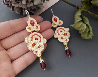 handmade beaded earrings, beige soutache earrings, bridesmaids perfect gift, long dangle earrings, colorful long earrings