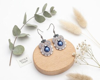 Tiny Grey Soutache Earrings, Small Dainty Drop Earrings with Blue Pearl, Bridesmaid Gift Jewelry
