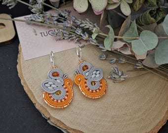 Handmade Soutache Earrings – Orange Grey Beaded Dangle Jewelry