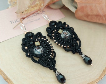 Große Schwarz-Gold-Ohrringe, schwarze Soutache-Stickerei-Ohrringe, Boho-Abendohrringe, Goldblumen-Ohrringe,