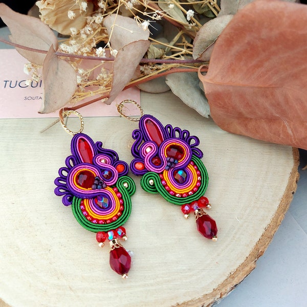 Large fuchsia flowers beaded earrings, hot pink and green soutache statement earrings, birthday gift for her, birthday present for wife,