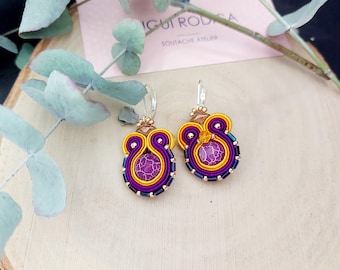 Handcrafted Purple yellow Soutache Earrings: tiny Boho Dangle Earrings