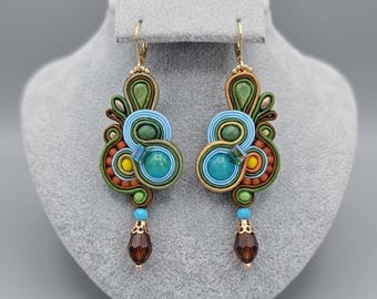 Bohemian Soutache Dangle Earrings, Colorful Floral Statement Jewelry, Turquoise green Drop earrings