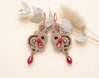 Soutache gold Drop Earrings for Women, Small Christmas Gift, Handmade beige  Dangle Earrings, Delicate Jewelry, Gift for Her