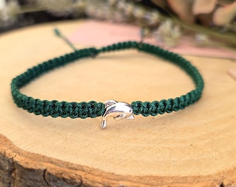 Handmade Macrame Bracelet – Dark Green Cord, Silver Dolphin Charm