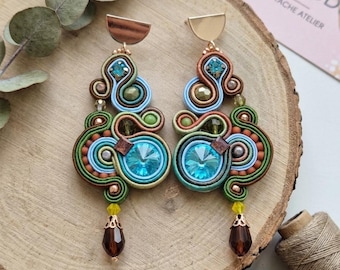 Soutache Statement Earrings Large Tropical Dangle, Colorful Boho Chandelier Earrings, Blue and Green Crystal Jewelry, Gift for Her