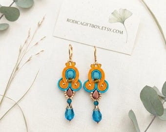 Handmade Soutache Drop Earrings, Turquoise Orange Crystal Boho Jewelry Gift for Her