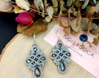 Grey Soutache Dangle Earrings,  Beaded Embroidery Jewelry,